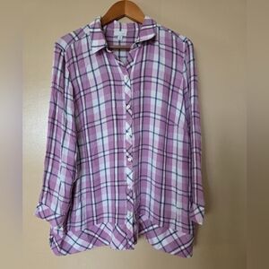 J Jill Plus Sz 2X Purple Plaid Button Down Top Lightweight Casual Spring Preppy